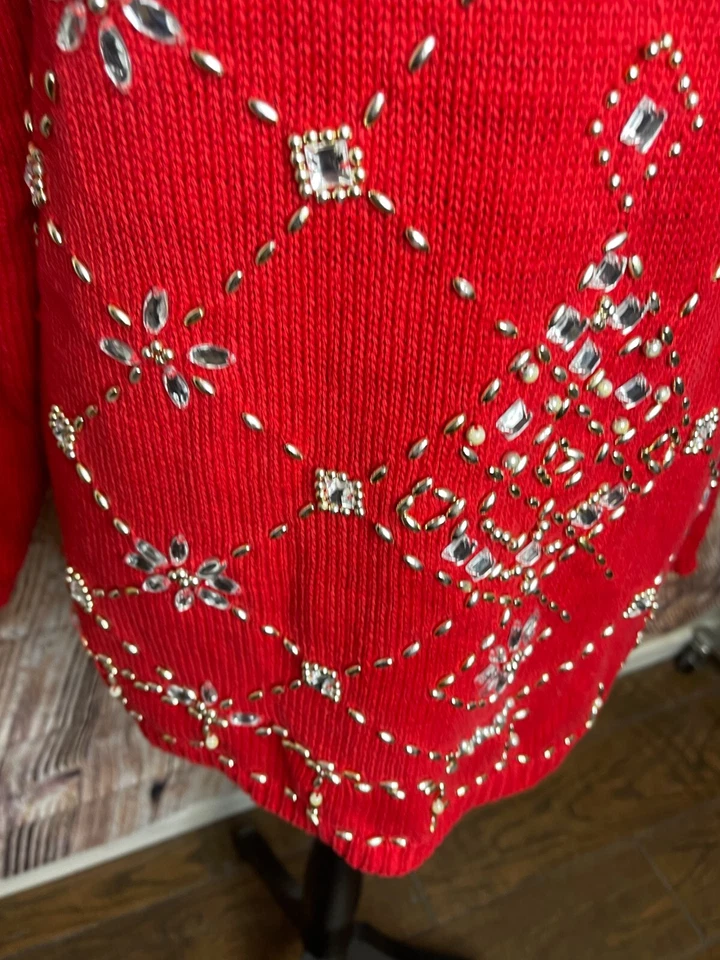 Suéter de contas vintage Victoria Harbour enfeitado de Natal vermelho tamanho pequeno - Imagem 4 de 4
