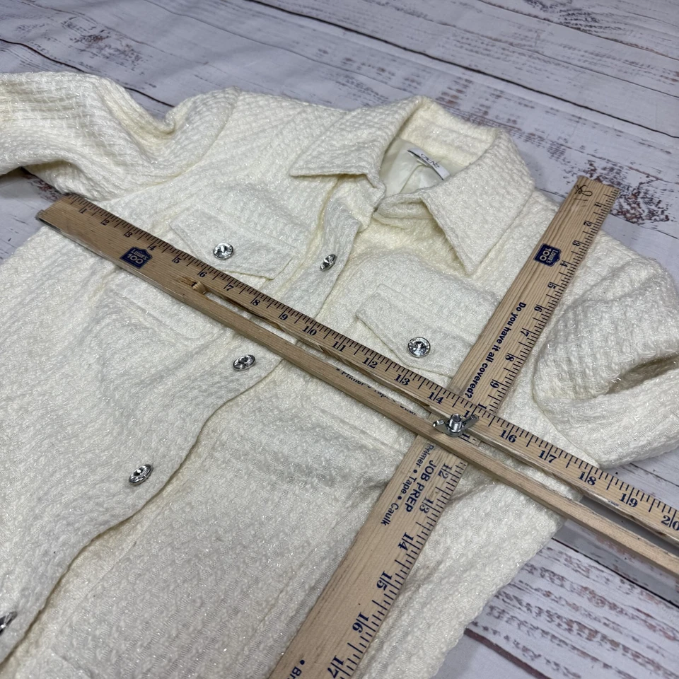 缓存白色粗花呢编织西装外套水钻纽扣短条纹衬里尺寸 4 — 第 2/4 张图片