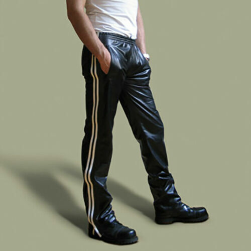 Men's Jogging Bottom Trousers Black White Stripes Leather Sweat Tracksuit  Pant