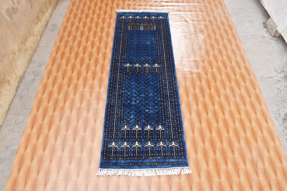 Sky Blue Color Carpet 2x6 Oriental Corridor Traditional Hand made Striped Rug - Image 4 of 4