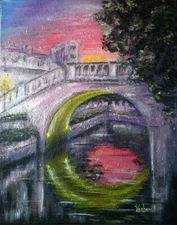 Original Bridge Painting – Sunset Reflection in Golden Circle, Signed