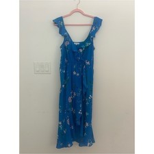 Socialite Womens Large Blue Floral Wrap Midi Dress Ruffle Sleeves Lined