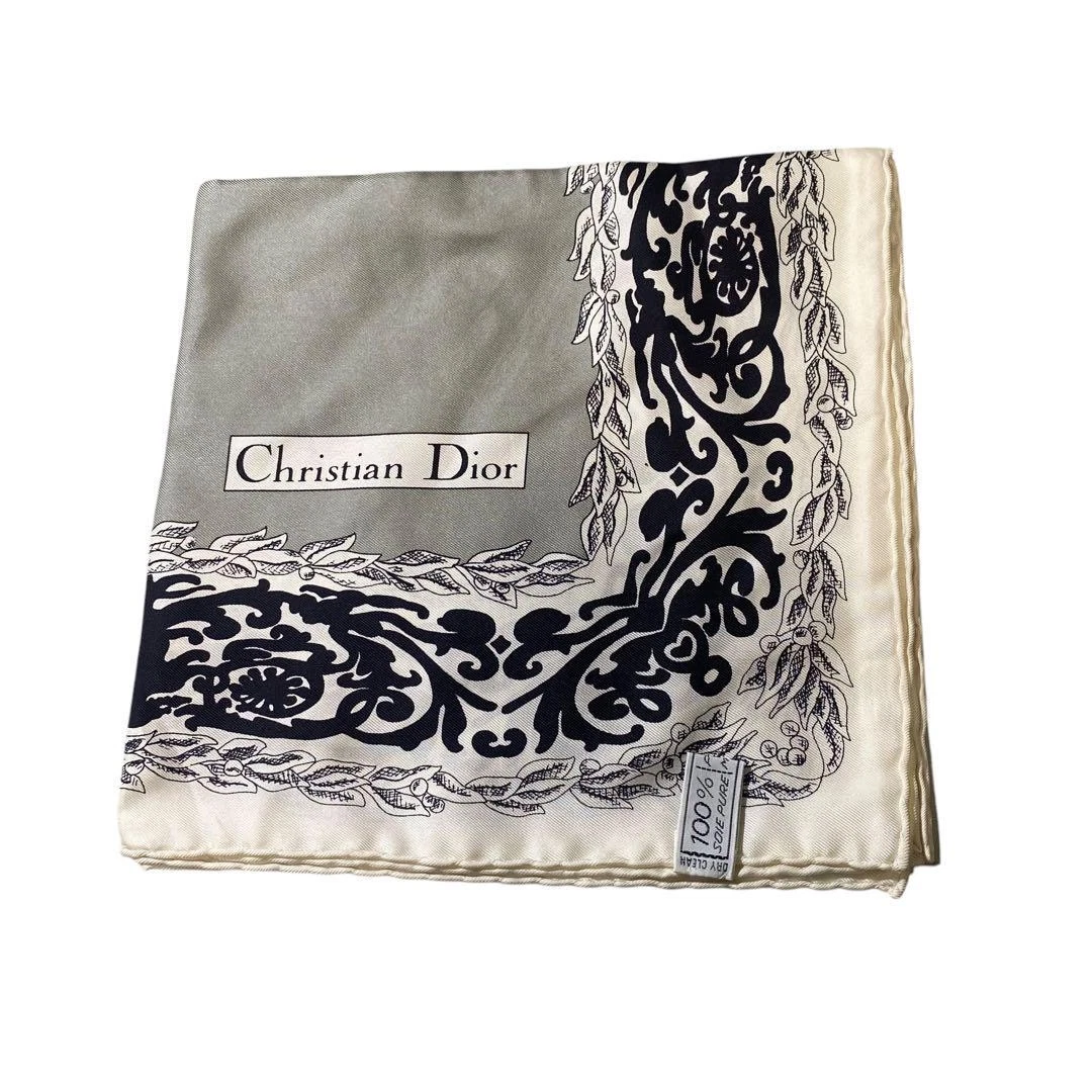 Grande écharpe Christian Dior vintage en soie 100% pure soie gris blanc noir années 90