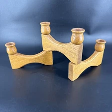 Vtg Solid Oak Wood Articulating Folding 4 Taper Candle Holder w/ Brass Receivers