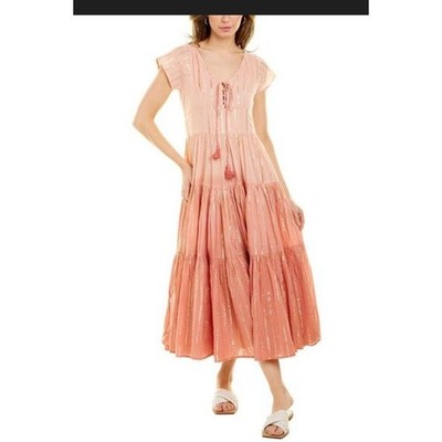 AREA Stars Women Peach Gold Metallic Striped Tiered Lace Up Midi Dress XS |  eBay