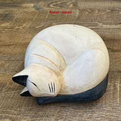 schlafende handgeschnitzte Holzkatze Bali Japandi Deko Skulptur mittel