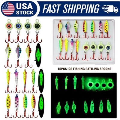 15PCS Dovesun Ice Fishing Spoons Kit   Rattling Glow Lures Treble Hook for Bass