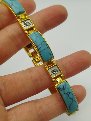 Vintage Armband goldfarben Türkis Magnetfeldtherapie mit chinesischem Schriftzeichen 