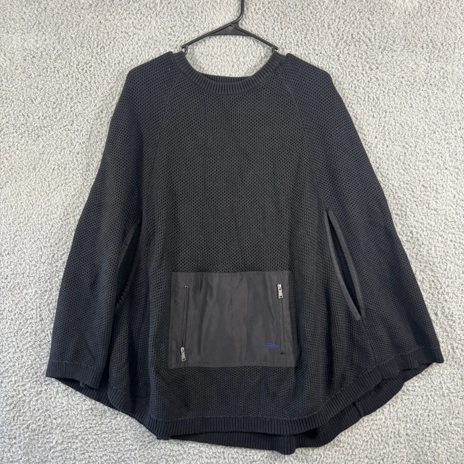 Lauren Ralph Lauren Womens Black Knit Cape Sweater Poncho Zipper Pocket SM