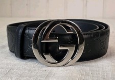 Authentic Gucci Black Leather Monogram Belt  Silver GG (411924.CWC1N)  115-46