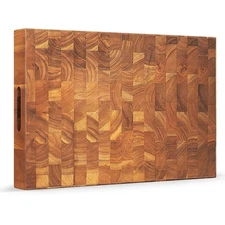 End Grain Cutting Board 18" Teak Wood Chopping Block with Hand Grip