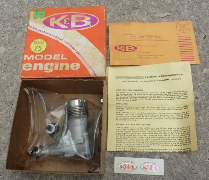 1970s K & B Series 75 R/C 40 Model Gas Engine w Perry Carb Box Maybe Unused LOOK