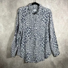 Equipment Femme Shirt Women Medium Blue Leopard Print Silk Button Up Lightweight