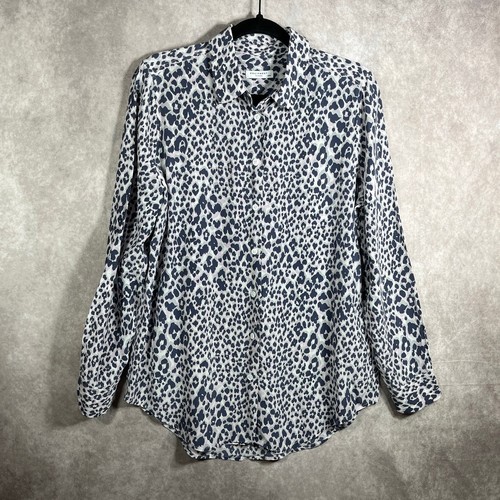 Equipment Femme Shirt Women Medium Blue Leopard Print Silk Button Up Lightweight - Picture 1 of 8