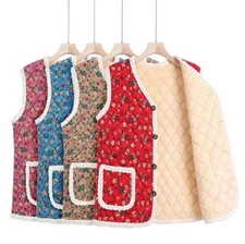 Korean Retro Flower Quilted Vest | Faux Shearling Fleece-Lined Warm Gilet