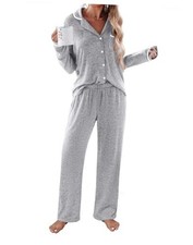Women's Pajama Sets Long Sleeve Button Down 2 Piece Pjs Soft Small Light Grey