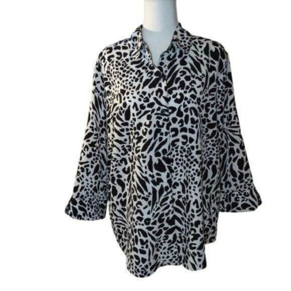 Alfred Dunner Womens Animal Print Blouse 3/4 Sleeve Button-Up Size 14