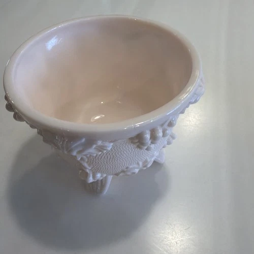 Vintage Jeanette Pink Shell Milk Glass Footed Candy Dish Grapes & Leaves