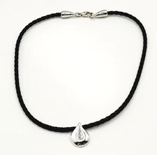 Minimalist Teardrop Silver Tone Pendant Black Leather Braid Cord Choker Necklace