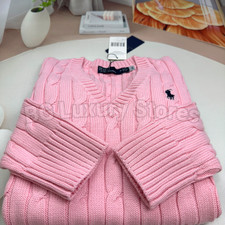 POLO RALPH LAUREN Women  s L Pink Cable Knit Cardigan Sweater Blue Pony Logo