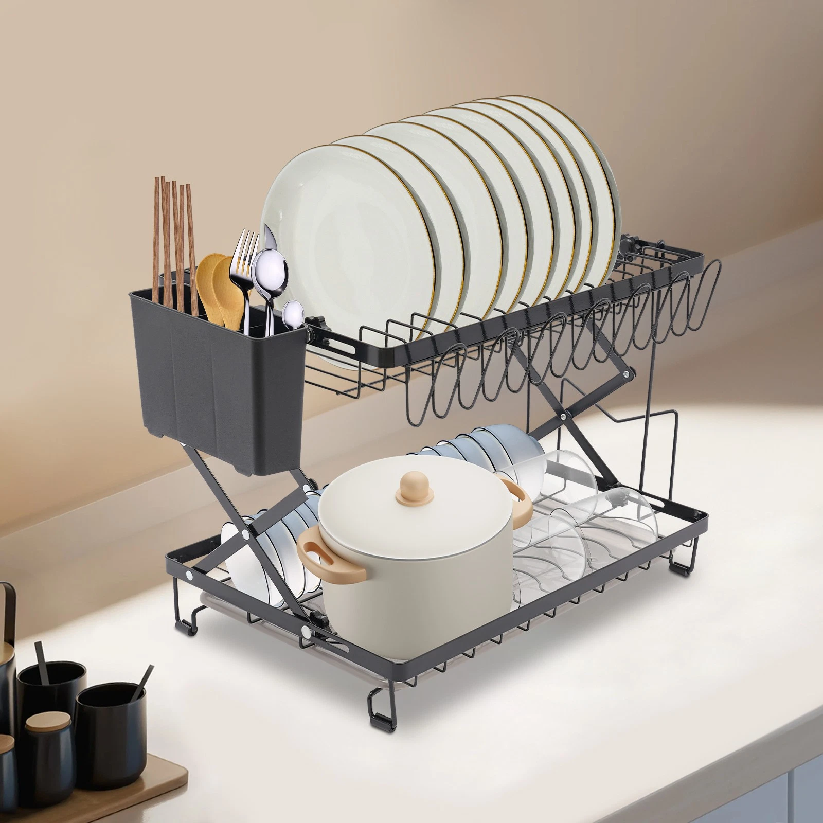 2 Tier Foldable Dish Drying Rack Metal Kitchen Counter Crockery Storage Holder