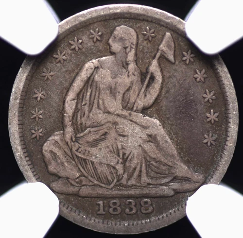 1838 SEATED LIBERTY LARGE STARS HALF DIME NGC VF 20 NATURAL MEDIUM DEEP PEWTER