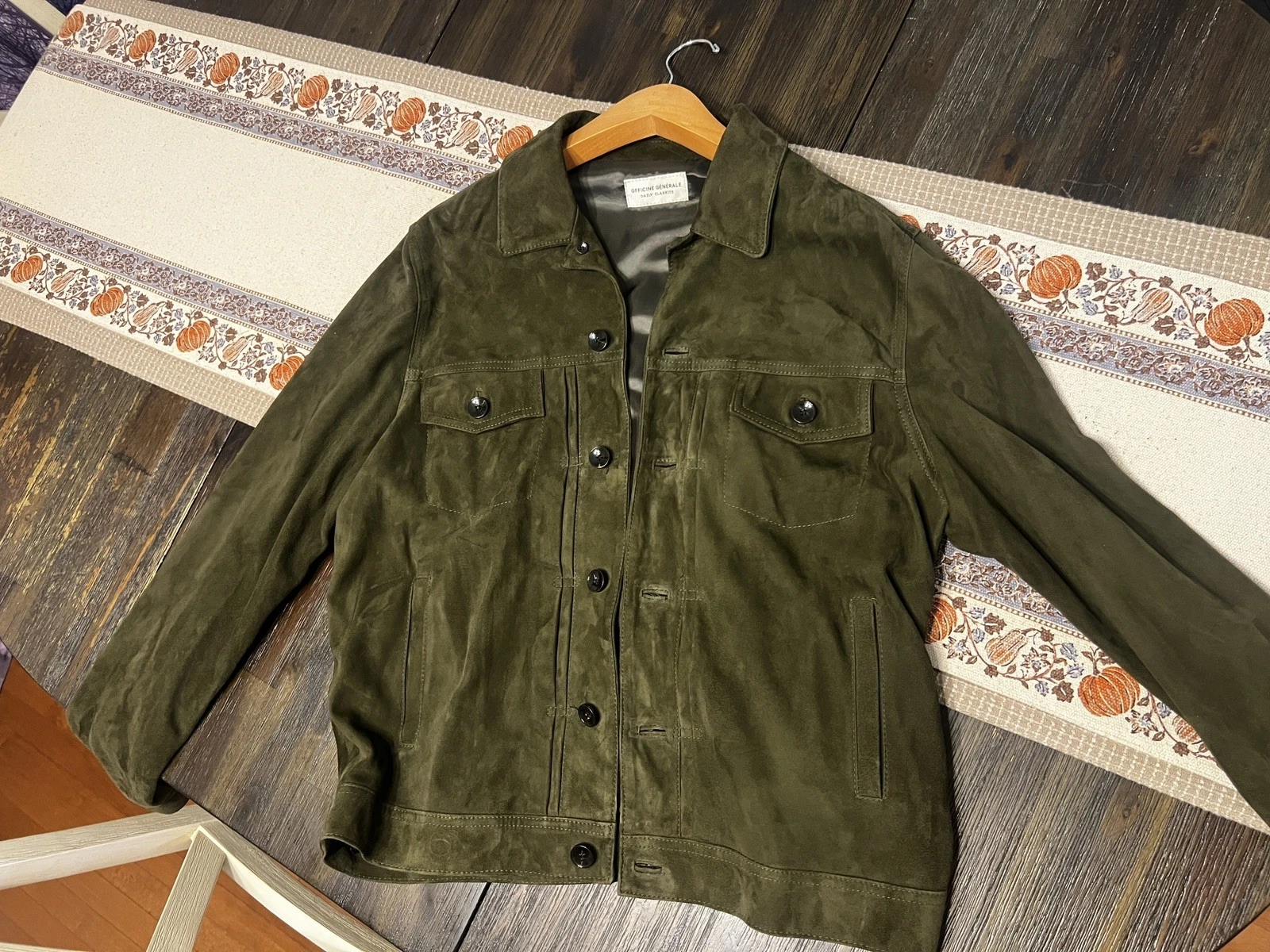 Officine Generale Leo Suede Trucker Jacket Green Large image 1