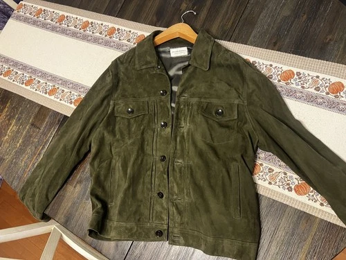 Officine Generale Leo Suede Trucker Jacket Green Large video thumbnail
