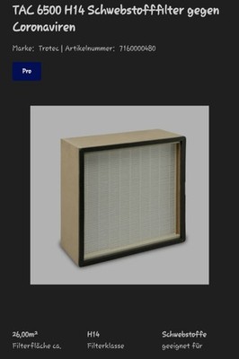 Schwebstofffilter TAC 6500 H14 Filter Ersatzfilter Filterelement NEU OVP