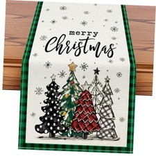 Merry Christmas Table Runner, 13" x 108" Buffalo Plaid Christmas Tree Green