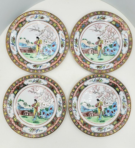 Chinese Porcelain Hand Painted Gold Trim Picture Plates Vintage 4 pc lot 7 3/8" - Picture 4 of 10