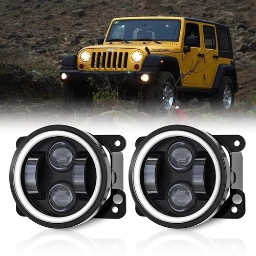 Pair 4 Inch Round LED Fog Lights Halo Angel Eyes DRL For Jeep Wrangler JK LJ JT - Picture 7 of 16