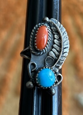 Vintage Navajo Old Pawn Sterling Silver Turquoise Coral Ring Size 6.5 ...