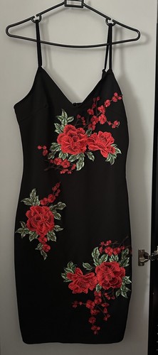 Parisian Black Midi Rose Embroidered Dress Size 10 Eur 38 Valentines Day Dress - 第 2/10 張圖片