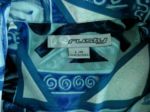 Vintage Rusty Men's L Hawaiian Surf Shirt Short Sleeve Polyester Blue Tropical - Picture 7 of 8