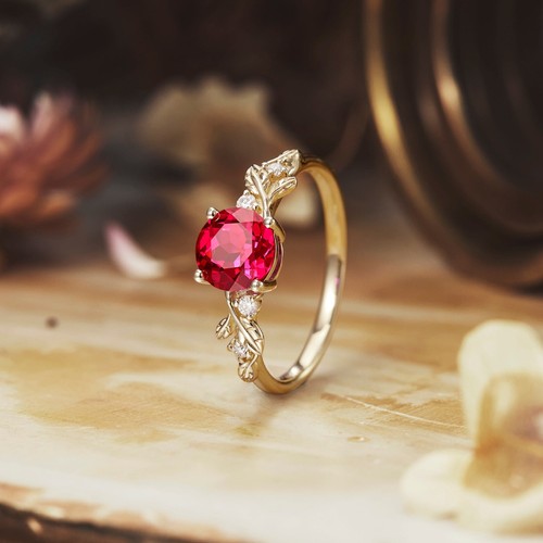 Garnet Round 14k Gold Plated Minimalist Art Deco Stacking Ring Gift For Her - Picture 5 of 5