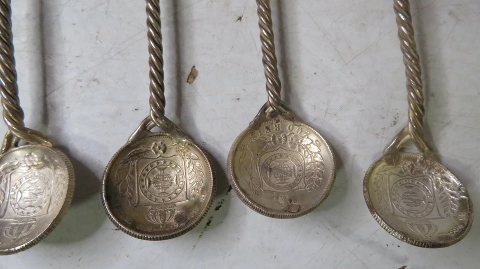 Very Rare VINTAGE Silver & Stone Coin Spoon SET OF 6 Brazil 1800's Reis Handmade - Image 4 of 4
