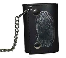 Marshal Genuine Leather Men "Virgin Mary" Trifold Wallet Chain Biker, Black