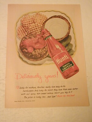 1955 HUNT'S TOMATO CATSUP, SEIBERLING TIRES 2 SIDED 5.5X7.5 VINTAGE PRINT AD 45
