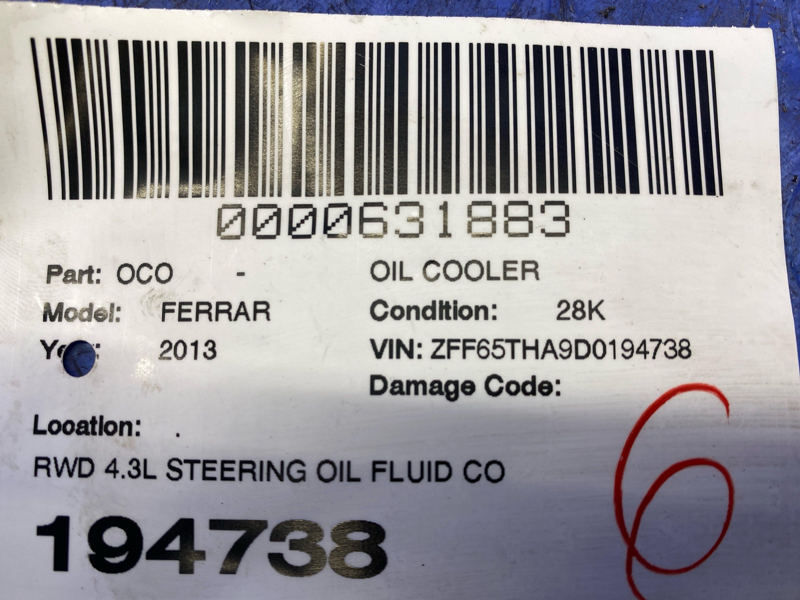 2008-2013 FERRARI CALIFORNIA RWD 4.3L STEERING OIL FLUID COOLER RADIATOR 43261
