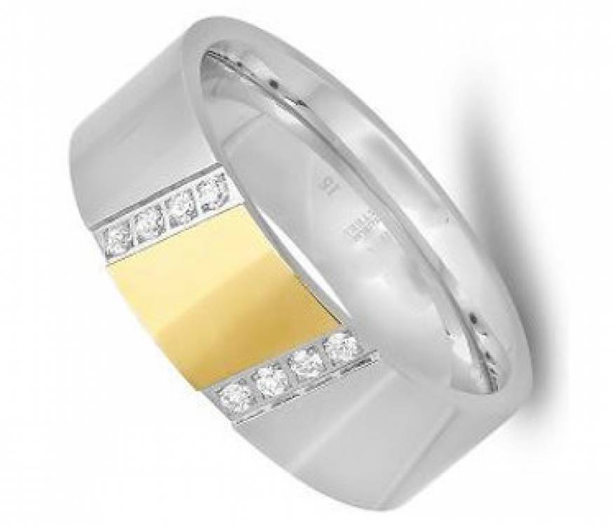 wedding ring mens silver CZ manly band stainless steel 18kt yellow