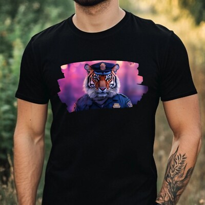 Herren T-Shirt Tiger als Polizist Motiv Baumwolle Größe XS bis 5XL