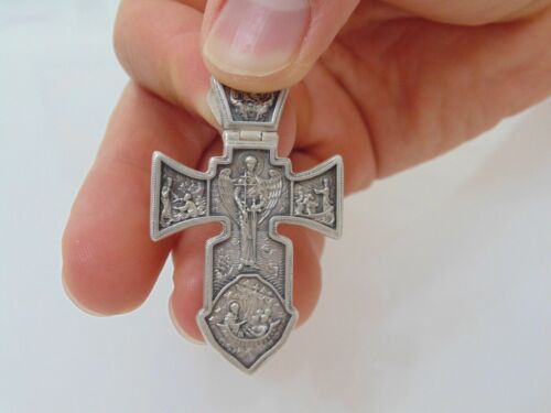 Mens Sterling Silver Crucifix Cross Pendant Jesus Archangel Michael 925 For Him - Afbeelding 1 van 6