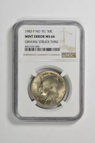 1983 P No "FG" 50C Kennedy Half Dollar NGC Mint Error MS 66 Obverse Struck Thru