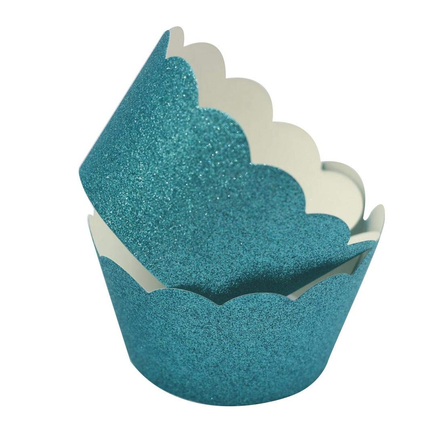 Teal Glitter Scalloped Paper Cupcake Liners for Wedding Birthday Bachelorette...
