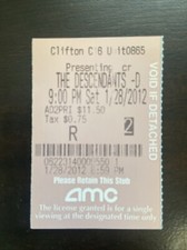 The Descendants Movie Ticket Stub 1/28/2012 Clifton NJ George Clooney