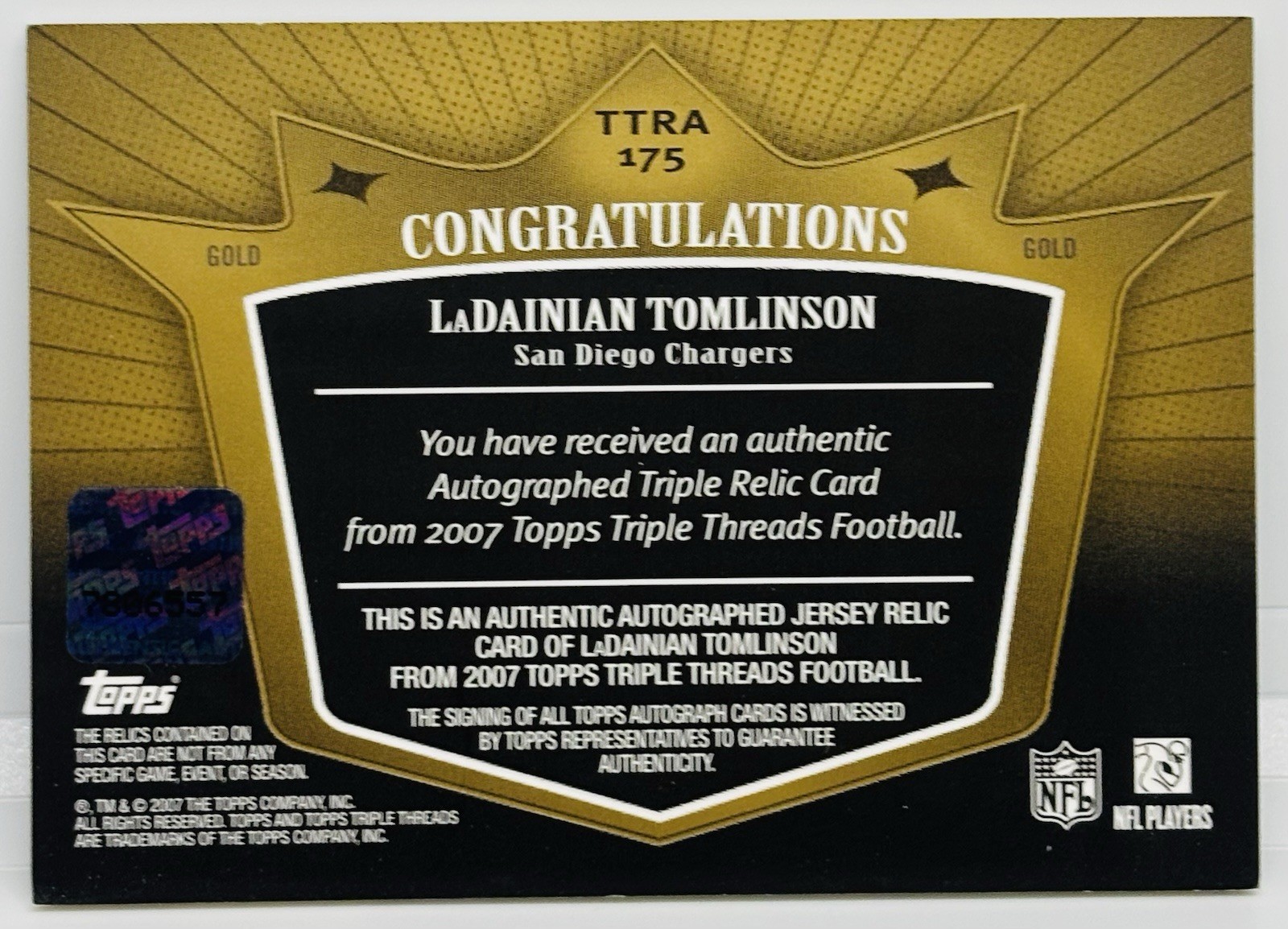 2007 Topps Triple Threads LaDainian Tomlinson GOLD Auto Triple Patch /9 Chargers view 3