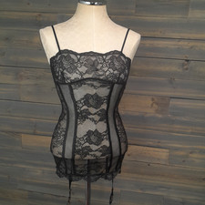 Victorias Secret Corset Slip Garter Dress Womens XS Black Mesh Floral Lace Up