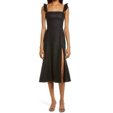 $278 REFORMATION sz  12 Spaulding linen Midi Smocked Dress Ruffle Straps Black