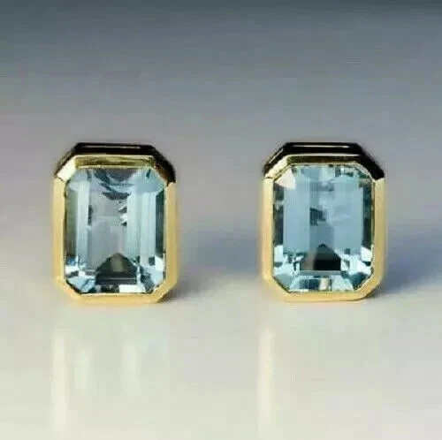 2Ct Emerald Cut Lab-Created Aquamarine Bezel Stud Earring 14K Yellow Gold Plated